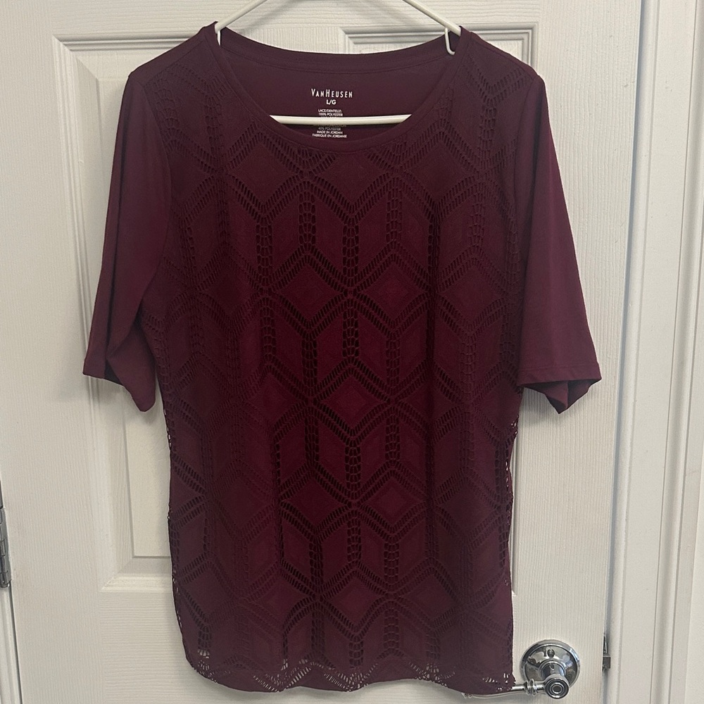Van Heusen Women's Maroon Geometric Lace Short Sleeve Top